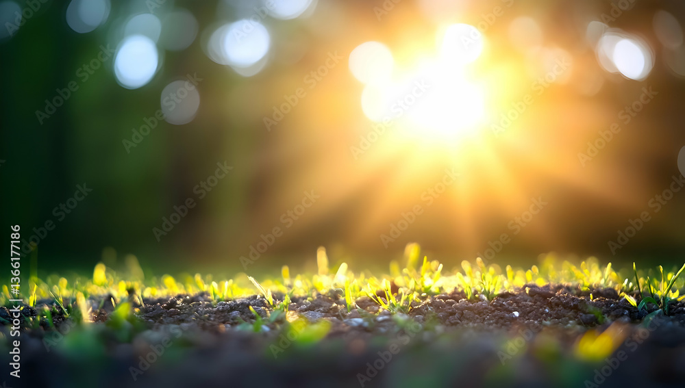 Fototapeta premium Young grass sprouts emerge from dark soil, bathed in the warm glow of a setting sun. Sunlight rays stream through a blurred background of trees