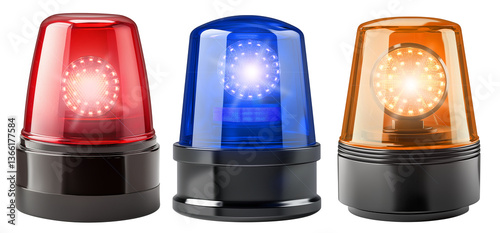 Obraz na płótnie Set collection of beacon warning flashing LED light in blue red and yellow orange signaling caution for police ambulance or fire department. Isolated white background w salonie