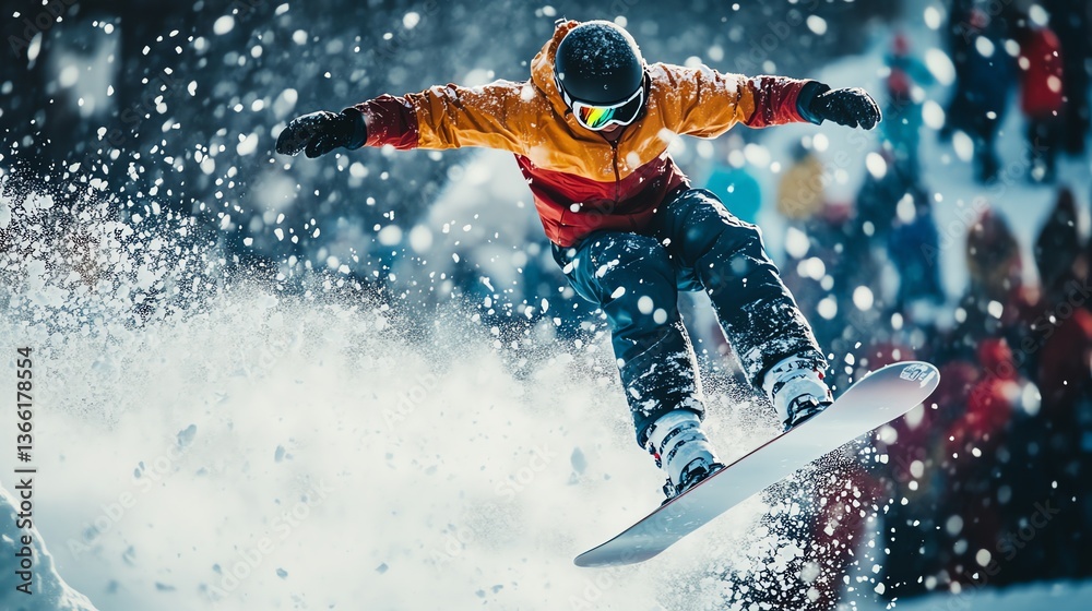Naklejka premium Snowboarder Jumps in Snowy Terrain During Winter Season Sports Event