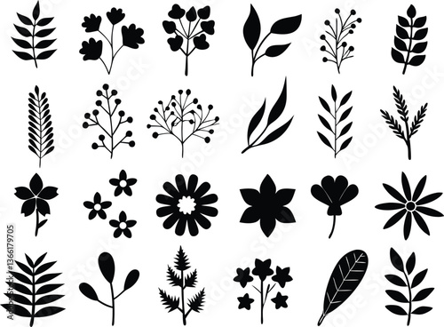 Botanical silhouettes of diverse plant species with floral and herb outlines in a vintage herbarium style

