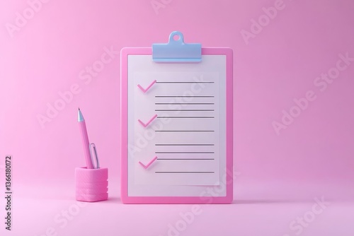 Survey checklist, 3d render illustration, white background. Clipboard with checked tasks. Concept of online survey, exam note, business contract, research form, evaluation document