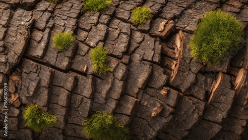 Nature Texture Background Featuring Moss on Cracked Tree Bark