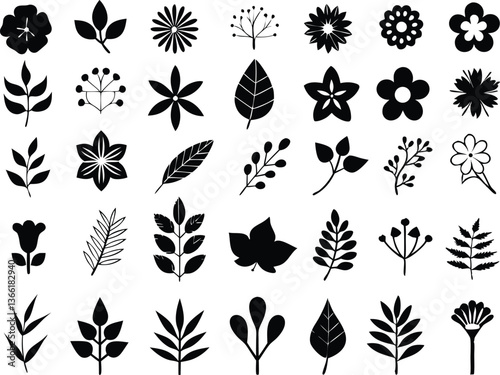 Botanical silhouettes of diverse plant species with floral and herb outlines in a vintage herbarium style

