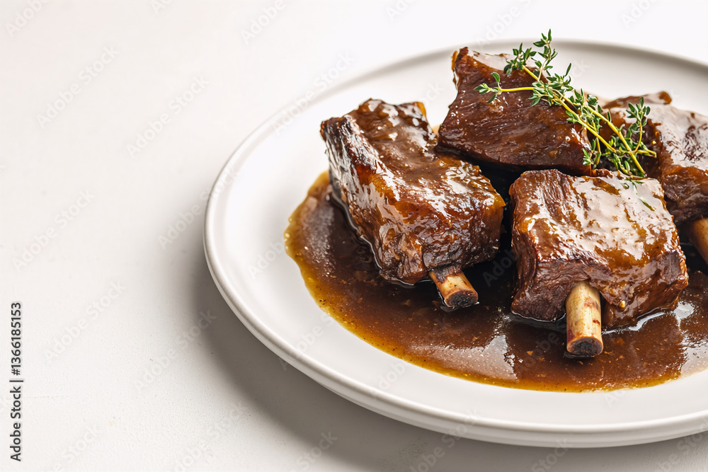 Plate of braised short ribs in a rich brown sauce, garnished with thyme, served on a plain white table, even natural lighting, rustic and hearty feel Plate of braised short ribs in a rich brown sauce, garnished with thyme, served on a plain white table, even natural lighting, rustic and hearty feel