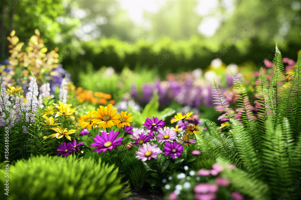 Obraz premium Serene garden in full bloom, with a variety of colorful flowers and lush greenery