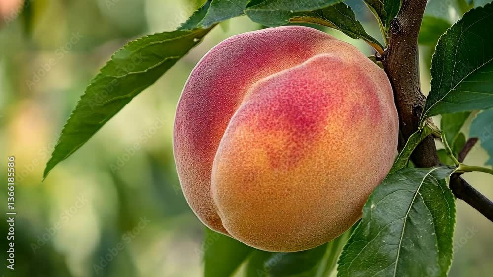 Fresh peach hangs on a tree branch in a sunny orchard during late summer harvest season