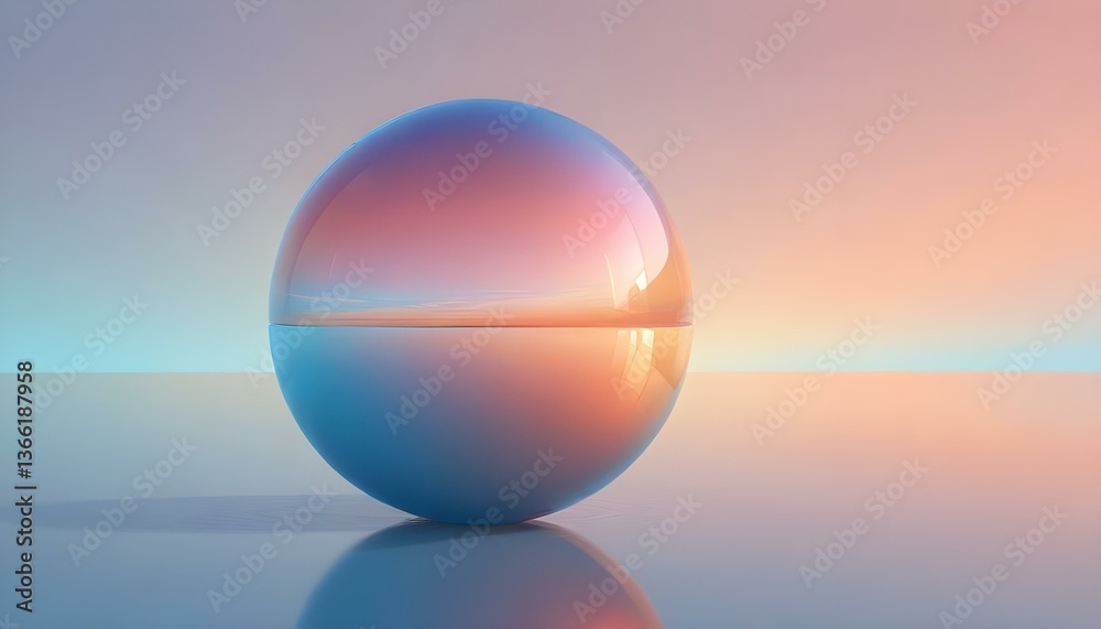 A digital artwork featuring a large, iridescent sphere resting on a reflective surface, set against a soft, gradient background A digital artwork featuring a large, iridescent sphere resting on a reflective surface, set against a soft, gradient background