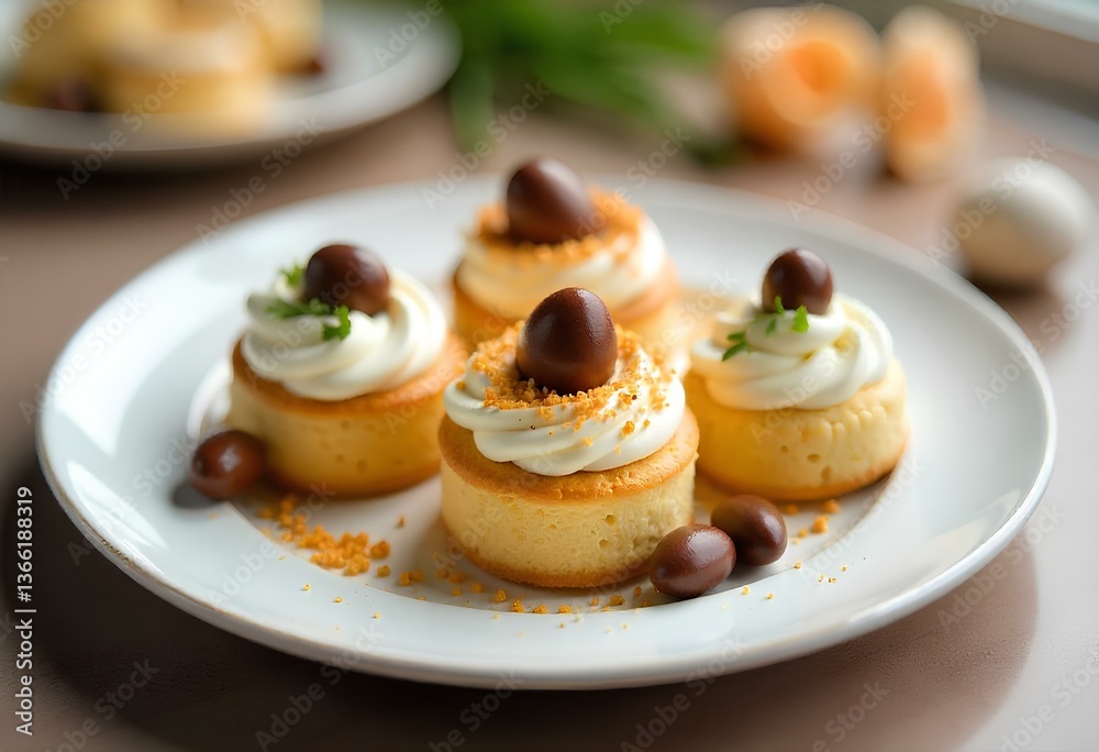 Gourmet Easter – An elegant plate of Easter desserts: airy cakes, delicate cream, chocolate eggs. Gourmet style, luxury and the aesthetics of haute cuisine. Gourmet Easter – An elegant plate of Easter desserts: airy cakes, delicate cream, chocolate eggs. Gourmet style, luxury and the aesthetics of haute cuisine.