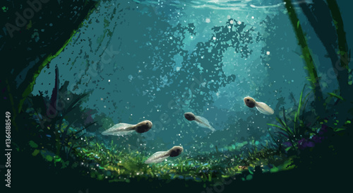 Spring awakening of tadpoles, Enchanted underwater scene with tadpoles swimming in sunlight
