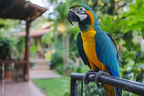 A beautiful blue and yellow macaw bird perching outdoors gracefully
