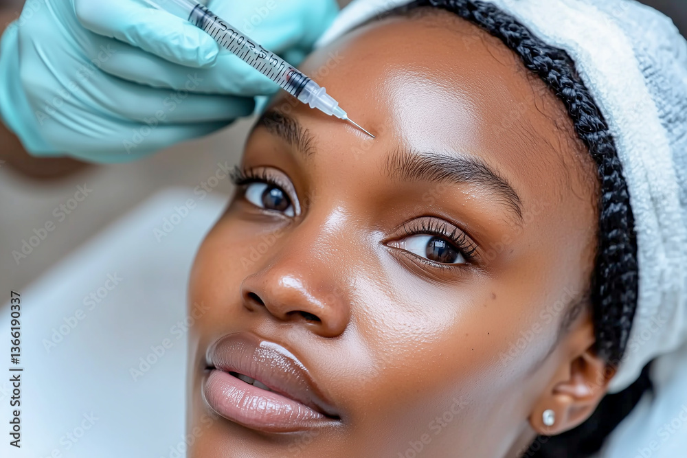 Beauty injection in the forehead. A beautician holds a syringe with filler near the forehead of a dark-skinned girl. Beauty treatments in a salon, aesthetic cosmetology and facial care.