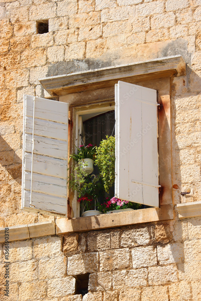 Traditional Mediterranean architectural details in Trogir, Croatia.