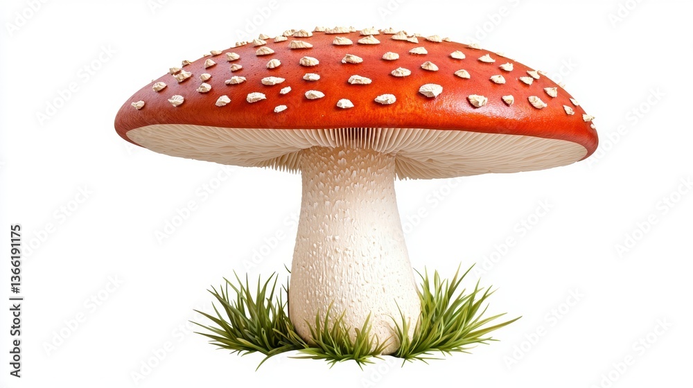 Bold red mushroom with smooth cap displayed on a bright white background showing off its natural beauty and unique characteristics Bold red mushroom with smooth cap displayed on a bright white background showing off its natural beauty and unique characteristics