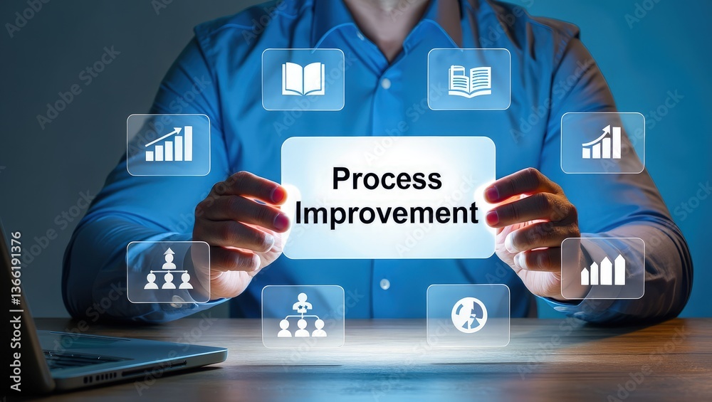 Fototapeta premium Continuous improvement, Process improvement concept, Businesswomen solving problems improving organizational processes, Creating continuous improvement, Industrial management efficiency process