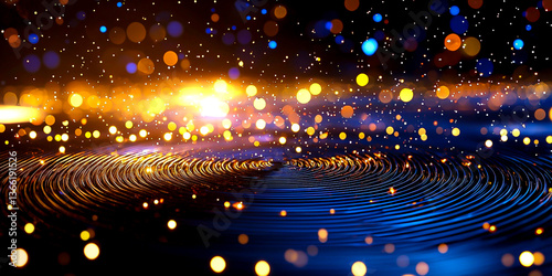 Abstract Swirling Blue and Black Patterns with Glowing Bokeh Lights