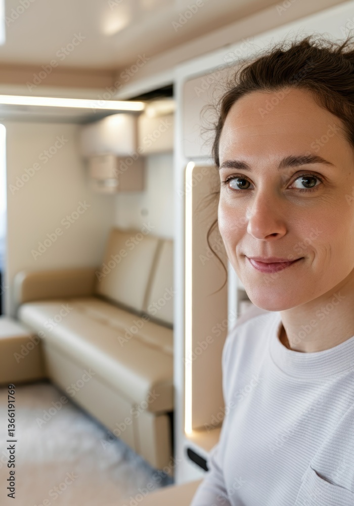 Smiling caucasian female in modern living room setting Smiling caucasian female in modern living room setting