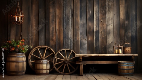 Rustic Wooden Barn Interior with Barrels, Wagon Wheels, and Lanterns