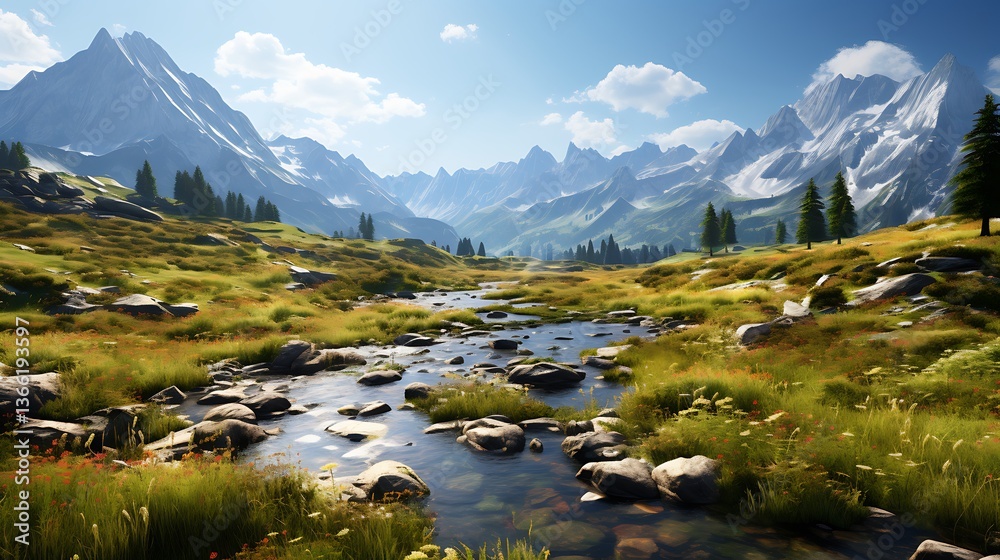 Serene Mountain River Landscape: A Breathtaking View of Alpine Majesty Serene Mountain River Landscape: A Breathtaking View of Alpine Majesty