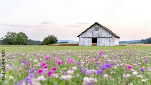 Tranquil countryside scene.  A picturesque white barn sits amidst a field of wildflowers