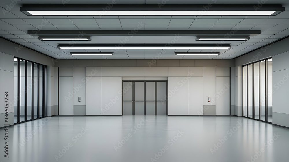 Empty Modern Office Space With Large Windows And Gray Walls Empty Modern Office Space With Large Windows And Gray Walls