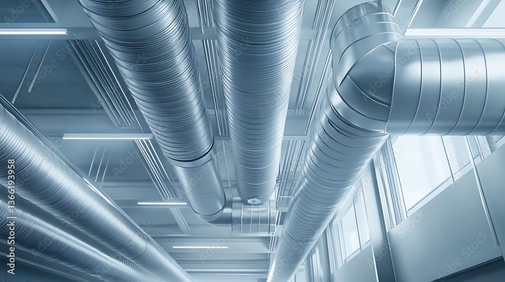 Modern Ceiling with Silver Industrial Ventilation Ductwork and Lighting Fixtures for Architectural Design, Interior Views