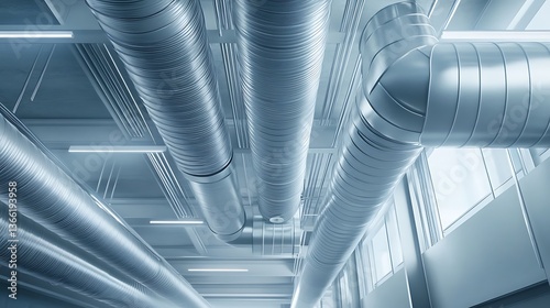 Obraz na płótnie Modern Ceiling with Silver Industrial Ventilation Ductwork and Lighting Fixtures for Architectural Design, Interior Views w salonie