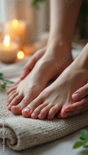 Wallpaper Mural A serene scene featuring a pair of delicate feet being gently massaged, surrounded by softly glowing candles. This tranquil image evokes a sense of relaxation and self-care, inviting viewers to Torontodigital.ca