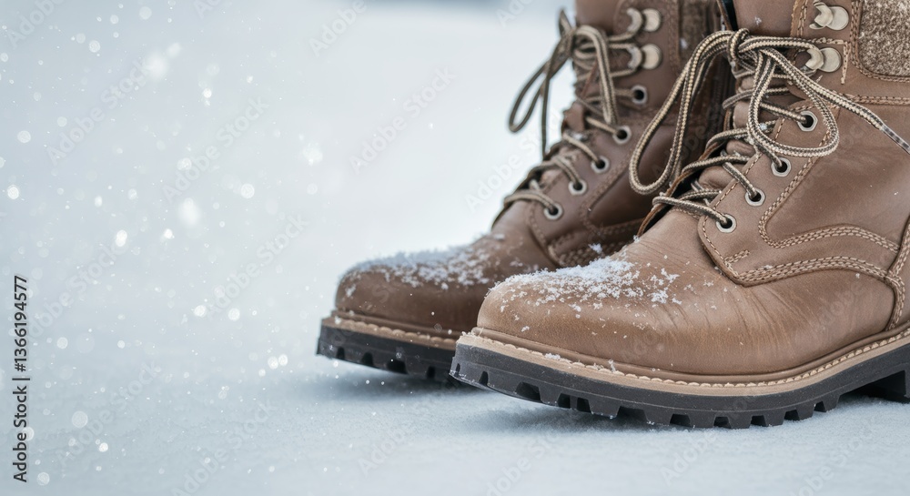Brown leather boots in snowy winter scene with snowflakes Brown leather boots in snowy winter scene with snowflakes
