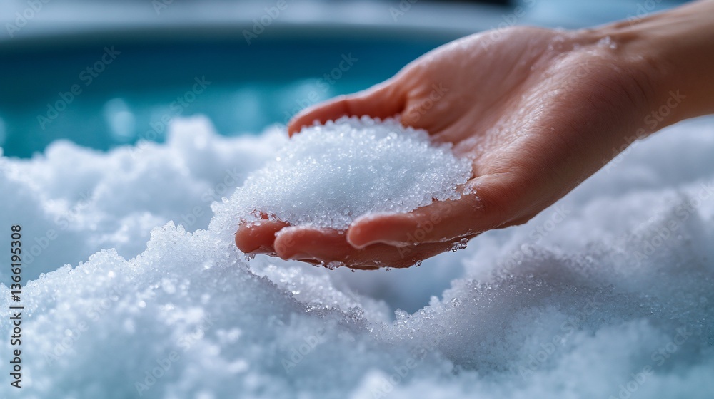 Fototapeta premium Close-up view of female hand holding pile of salt crystals, spa therapy