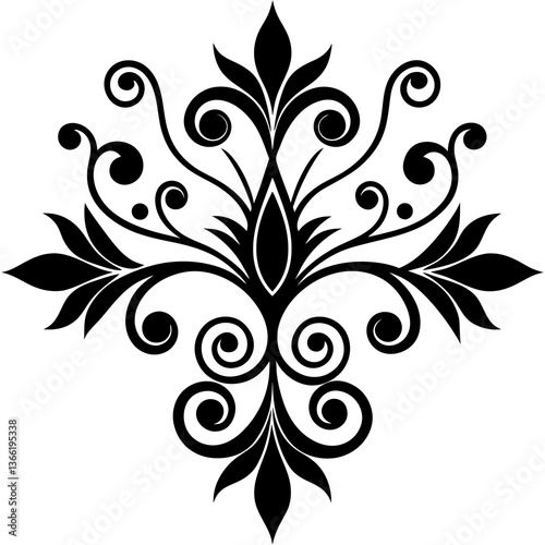 Elegant Black and White Damask Pattern with Ornate Floral Elements for Textile Design