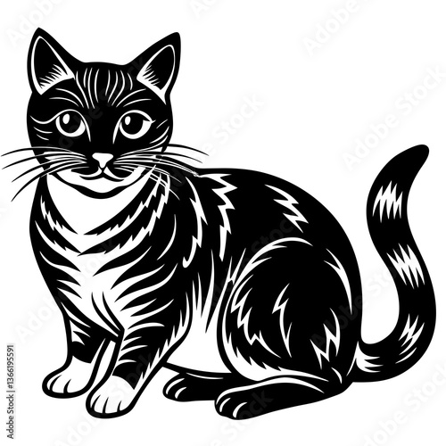 Black and White Cat Vector Illustration of Domestic Feline Animal Isolated on White.