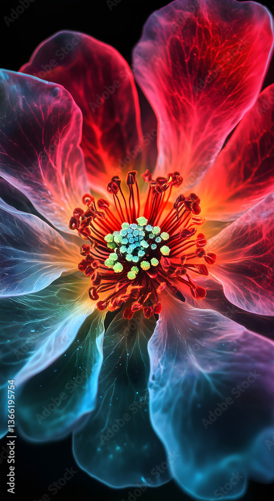 Obraz premium A translucent flower with vibrant red, orange, and teal petals glows against a black background, abstract and ethereal effect.