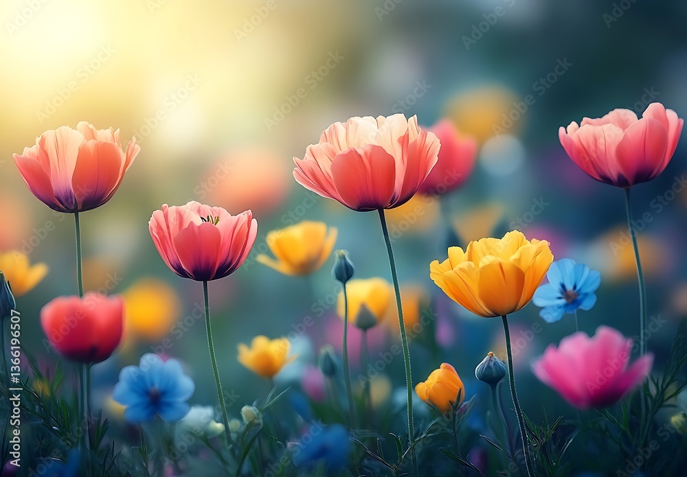 Fototapeta premium Colorful Flower Field with Pink, Yellow, and Blue Blooms in Sunlight