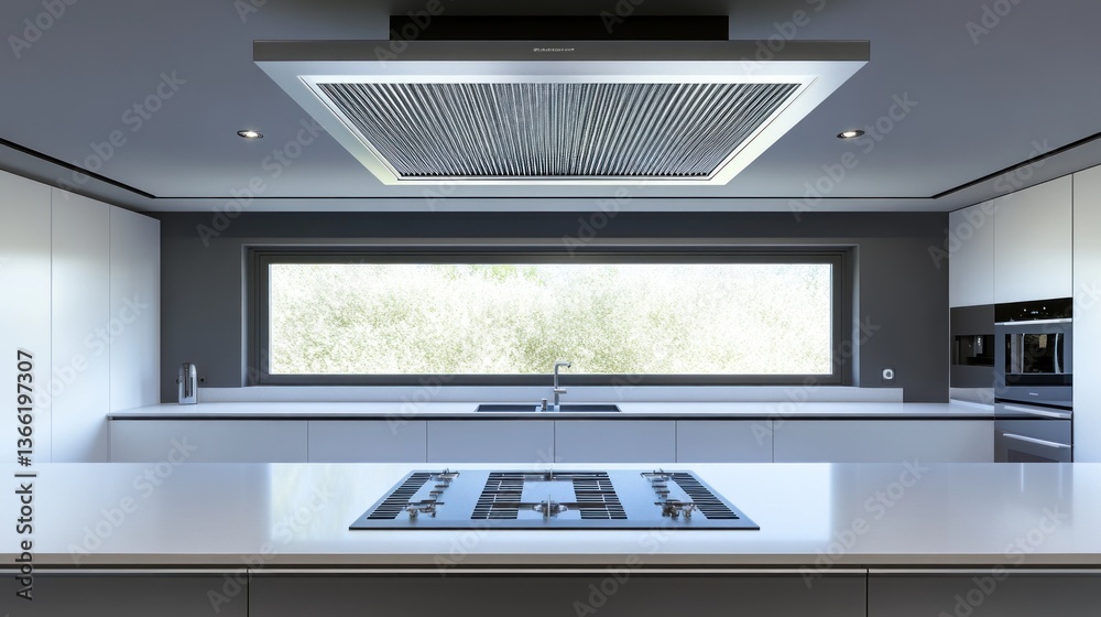 Modern Kitchen Design with Integrated Range Hood and Large Window Modern Kitchen Design with Integrated Range Hood and Large Window