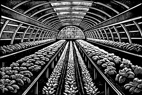 A futuristic microclimate farming system hand drawn sketch with rows of vegetables thriving under precise conditions black and white outline