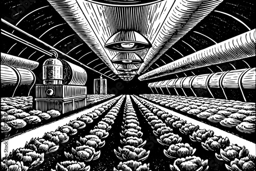 A futuristic microclimate farming system hand drawn sketch with rows of vegetables thriving under precise conditions black and white outline