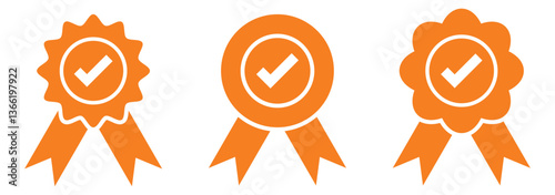 Quality certify badge icon. Qualification certificate medal. Quality award ribbon sign. Approved or certified medal icon. Certified badge. Approval check symbol. Achievement, award, badge icon. 