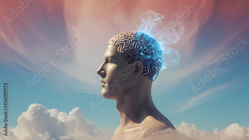 Human brain illuminated by abstract thoughts against a colorful sky in a surreal artistic representation of consciousness Generative AI