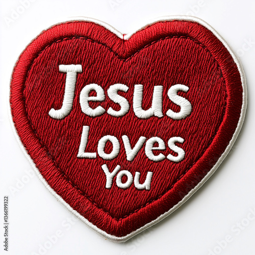 Close-up view of a heart-shaped patch crafted from a rich red fabric. The patch features the words 