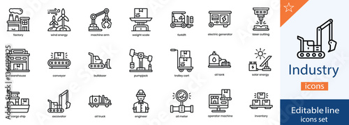 Industry Line Icons Collection. Manufacturing, Engineering, Factory, and Industrial Production Outline Icons. Editable Stroke, Vector Illustration.