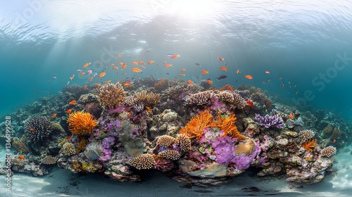 A vibrant coral reef full of life. Many kinds of colorful corals and fish, like Schooling, swim in the clear blue water with sunlight shining through. photo