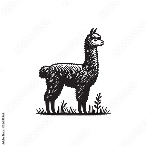 Simple Alpaca Standing Side View Vector Icon – Vintage Logo & Retro Illustration