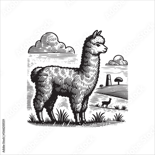Simple Alpaca Standing Side View Vector Icon – Vintage Logo & Retro Illustration