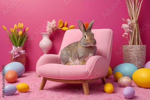 Cute rabbit sitting on pink chair surrounded by colorful Easter eggs in festive spring decorations Generative AI