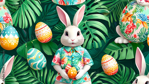 Easter bunny in a tropical setting surrounded by colorful eggs and vibrant foliage during a festive celebration Generative AI