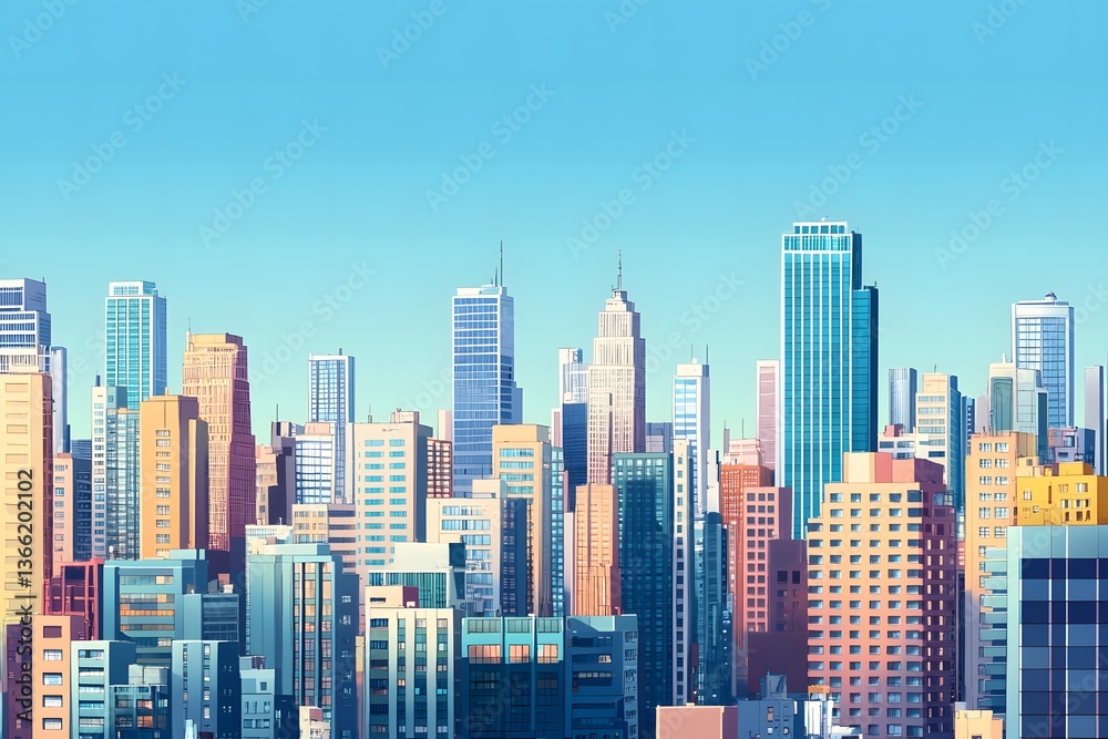 Fototapeta Vibrant Cityscape Skyline Modern Architecture Urban Buildings Sunny Day Illustration