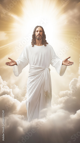 a Jesus draped in a flowing, white robe, arms outstretched in a gesture of welcome or blessing. The robe exhibits soft folds and drapes, suggesting a lightweight fabric. The figure