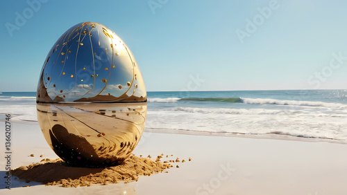 Golden egg sculpture on sandy beach under clear blue sky with ocean waves in background during daytime Generative AI