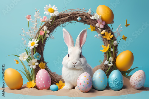 White rabbit surrounded by colorful Easter eggs and spring flowers in a vibrant setting for holiday celebration Generative AI