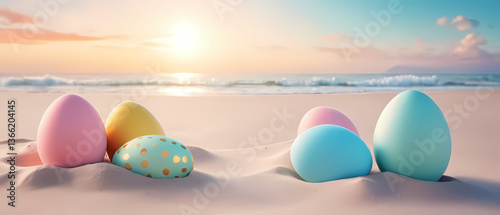 Colorful easter eggs resting in sand on a serene beach at sunset overlooking calm sea waves Generative AI